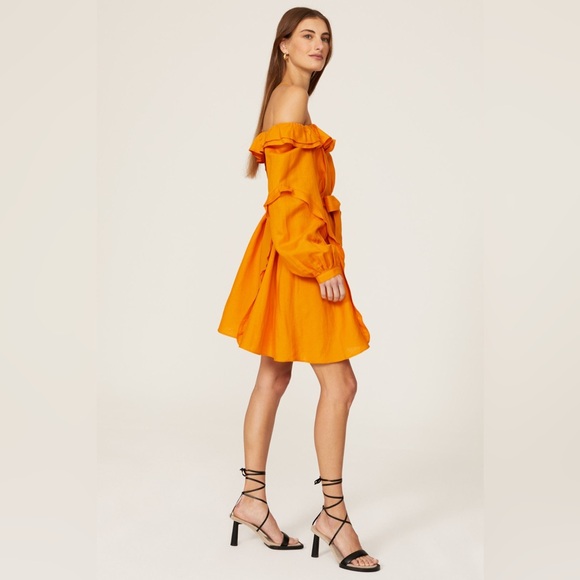 Marissa Webb Orange Cold Shoulder Ruffle Dress Linen Blend Sz 6 - Picture 5 of 6